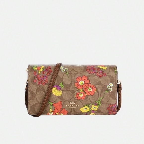 Coach Anna Foldover Clutch Bag With Floral Print Crossbody Bag Signature Canvas - Picture 8 of 8